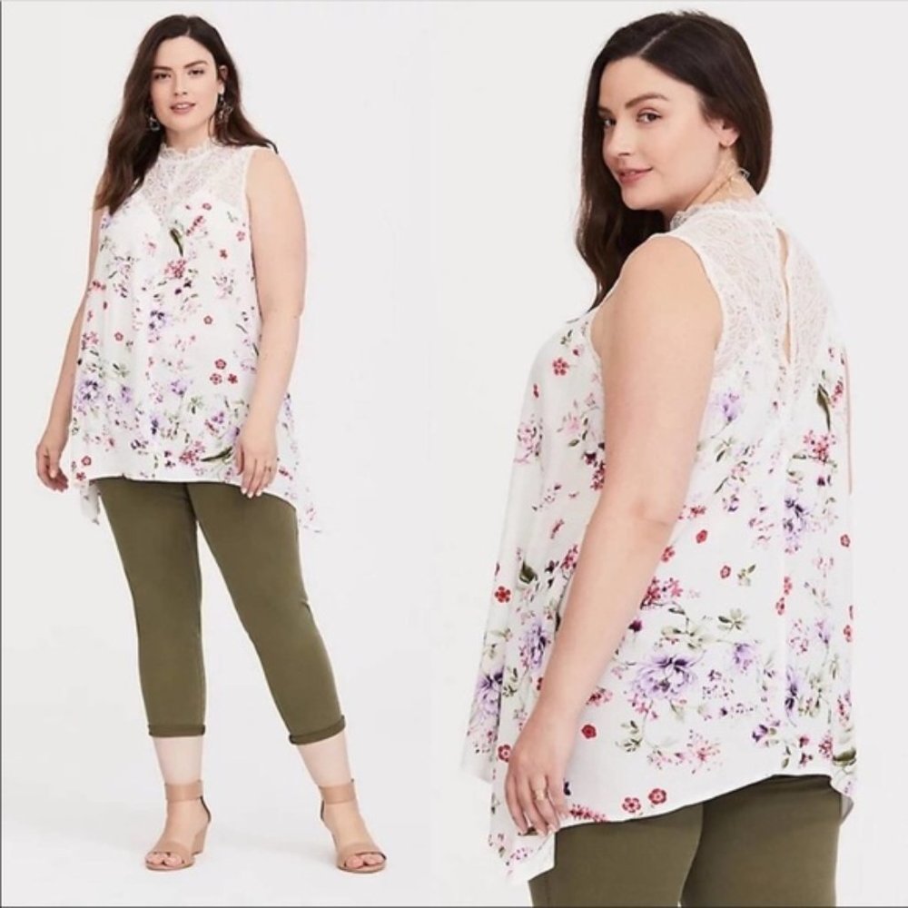 Torrid Ivory Floral Lace & Crepe Tank 1